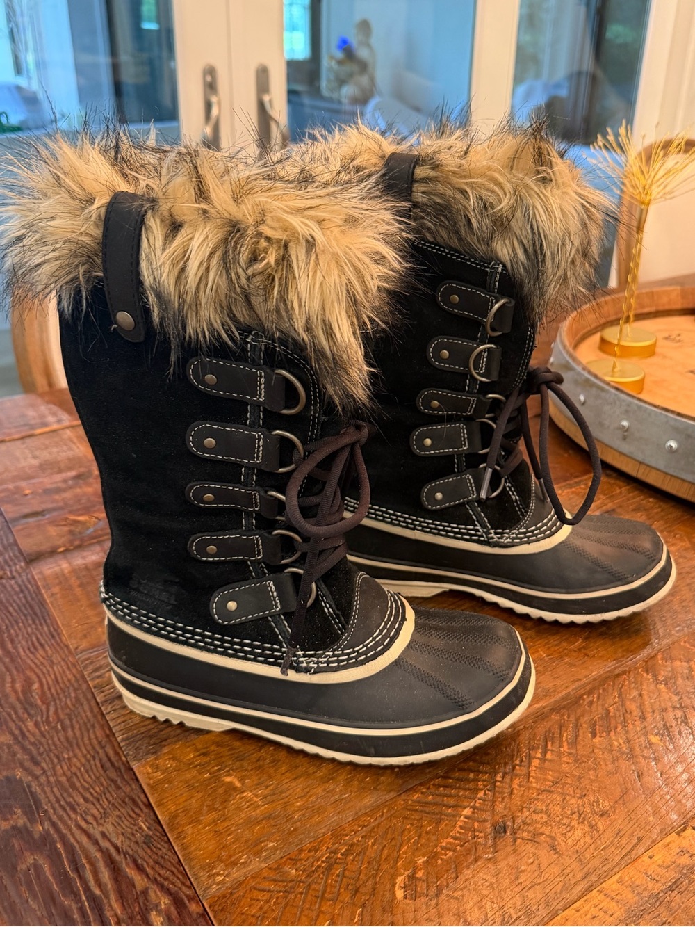 Sorel Black and Brown Faux Fur Winter Lace-Up Boots